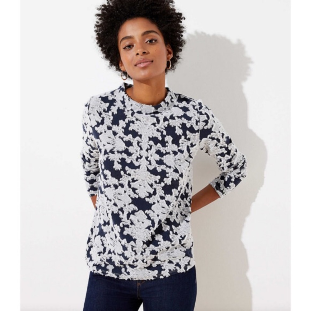 Petite Floral Ruffled Mock Neck Tee (Small Petite)